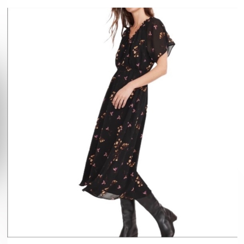 Madewell Georgette V-neck Dolman Sleeve midi dress in black Fresia XS